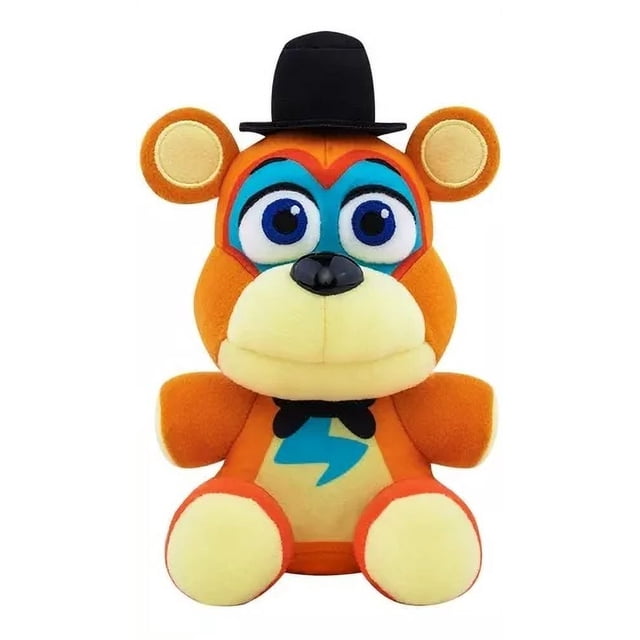 peluche de freddy glamrock five nigths at freddys 18cm peluche coleccionable marrón con sombrero negro y ojos grandes azules; vista frontal, cuerpo sentado y hocico amarillo claro, detalles turquesa en el torso; adecuado para juego y descanso; según especificaciones incluye luces.