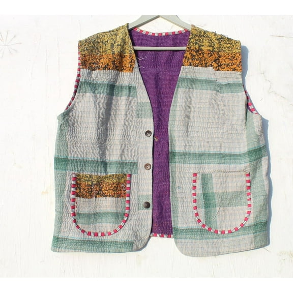 Indian Kantha Sleeveless Jacket Bohemian Style Vintage Upper Wear Hippie Patchwork Women's Coat For Everyday Wear