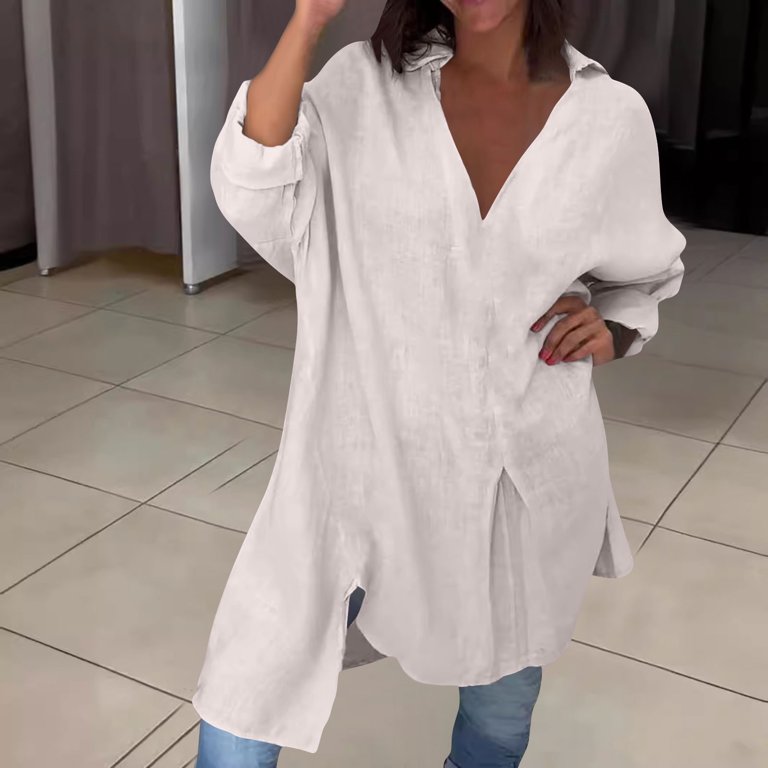 AUNVITO Women's Casual Cotton Linen Shirt Dress Loose Fit with Side Split  Detail Long Sleeve Turn-Down Collar Pure Color Pre-Shrunk - Walmart.com