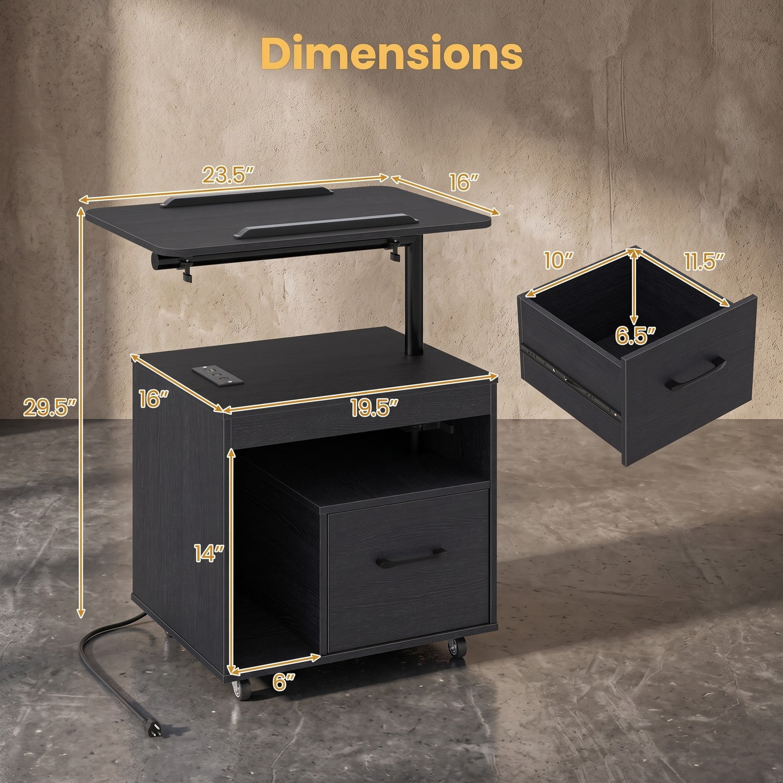 Furnibear LED Nightstand with Charging Station and Flip over Rotatable Tabletop and Drawer for Bedroom and Living Room, Modern Bedside Table, Black