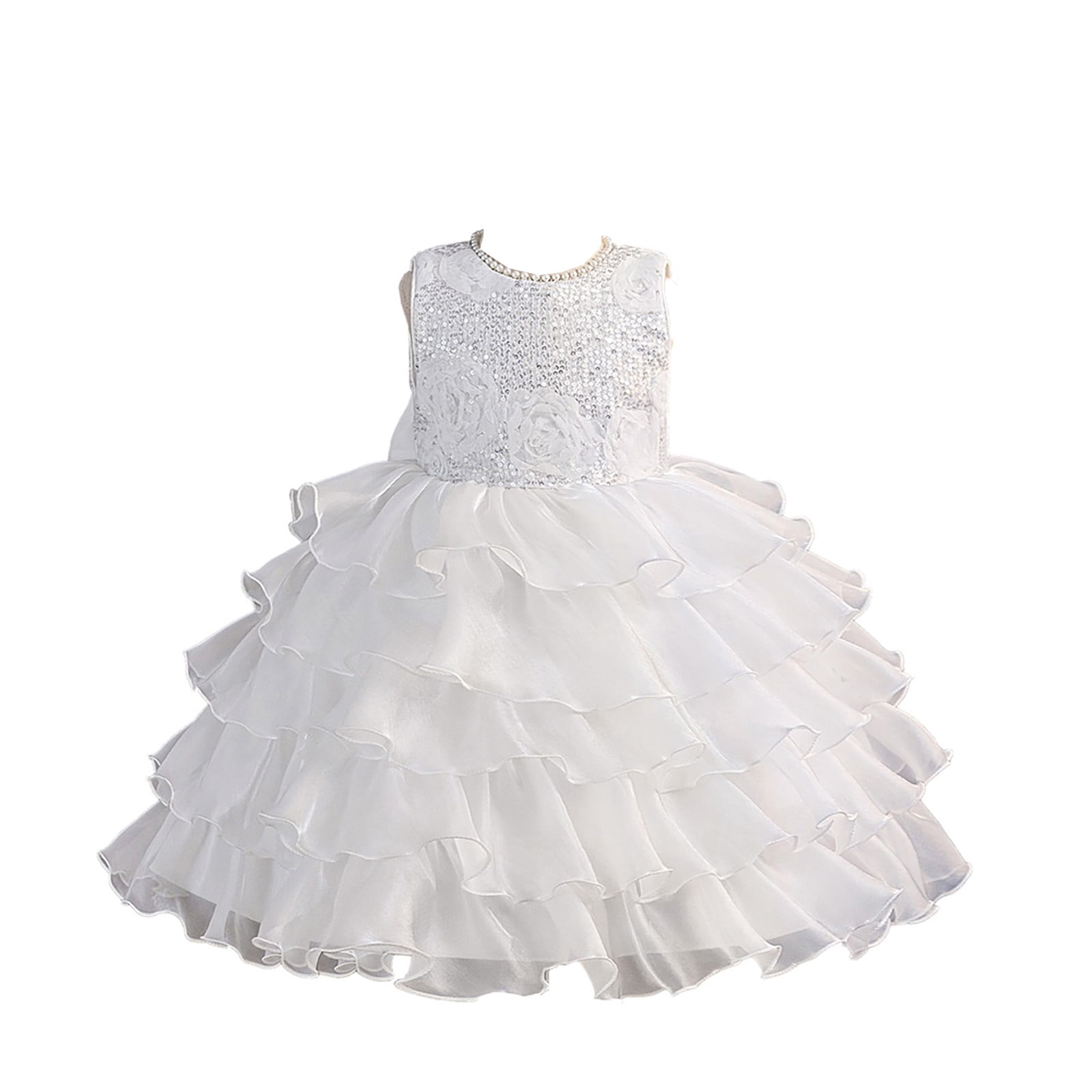 Wdgfv Girls Bow Layered Lace Dress Toddler Flower Girl Wedding Bridesmaid Prom Gowns Pageant Party Formal Gown White 4-5 Years
