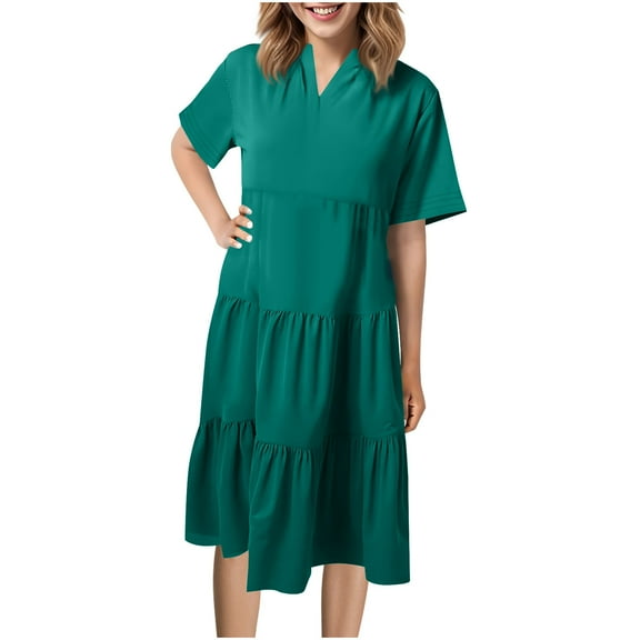 Womens Summer Dresses 2025 Casual Puff Short Sleeve V Neck Smocked Flowy Ruffle Office Work Midi Sundress