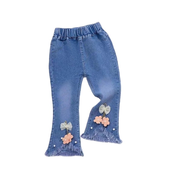 Bovxnpu Girls Wide Leg Jeans Flare Denim Pants Denim Flare Kids Beaded Elastic Waist Applique Casual Comfortable Pants