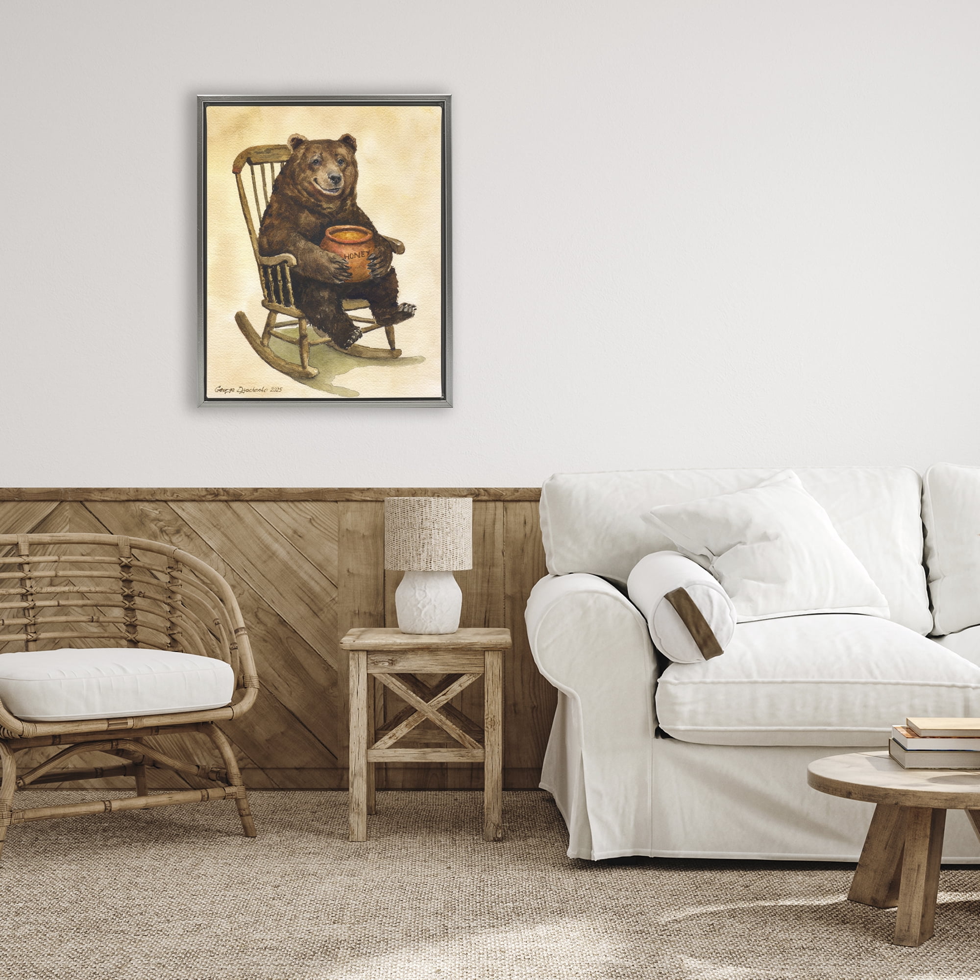 Stupell Industries Happy Bear & Pot of Honey Gray Framed Floater Canvas Wall Art, design by George Dyachenko