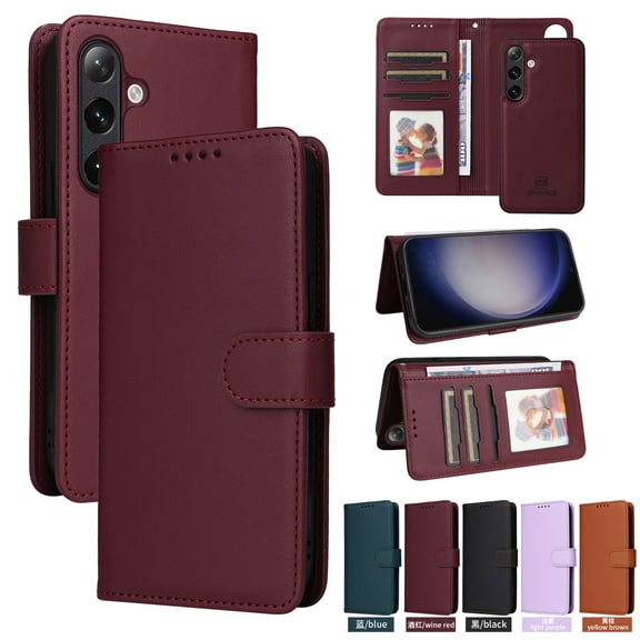 SaniMore for Samsung Galaxy S23 FE Wallet Case, Detachable Strong Magnetic PU Leather Flip Cover PU Leather Magnetic Shell Card Slots Cash Pocket Wristlet Strap Full Protective Stand Shell, Winered