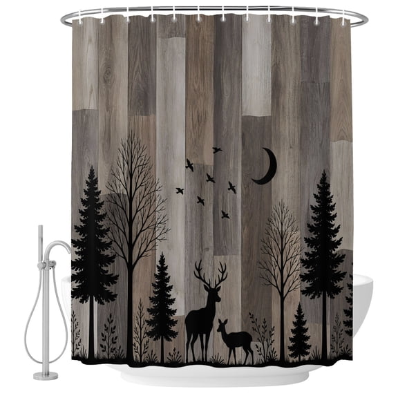 Extra Long Shower Curtain 72x96 Inch, Wild Deer Shower Curtain Waterproof Bathroom Decor, Farmhouse Forest Trees Wood Grain Brown Fabric Bath Curtain Set Accessories with Hooks