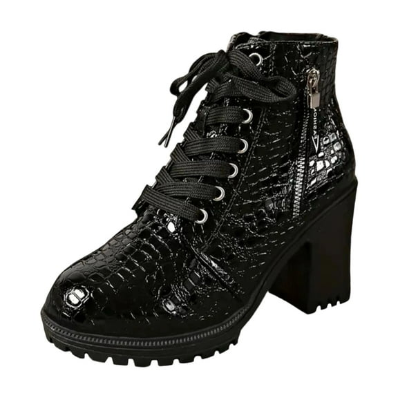 Black Ladies Ankle Boots With Pointed Toe And Lace-Up Thick Heel For Casual