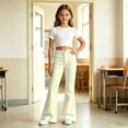 thumbnail image 6 of Ticikt Girls Solid Color Flared Pants, High Waist Double Pockets Stretch Bootcut Trousers Casual Kids Bell Bottom Daily Pants,Light Yellow, 6 of 7