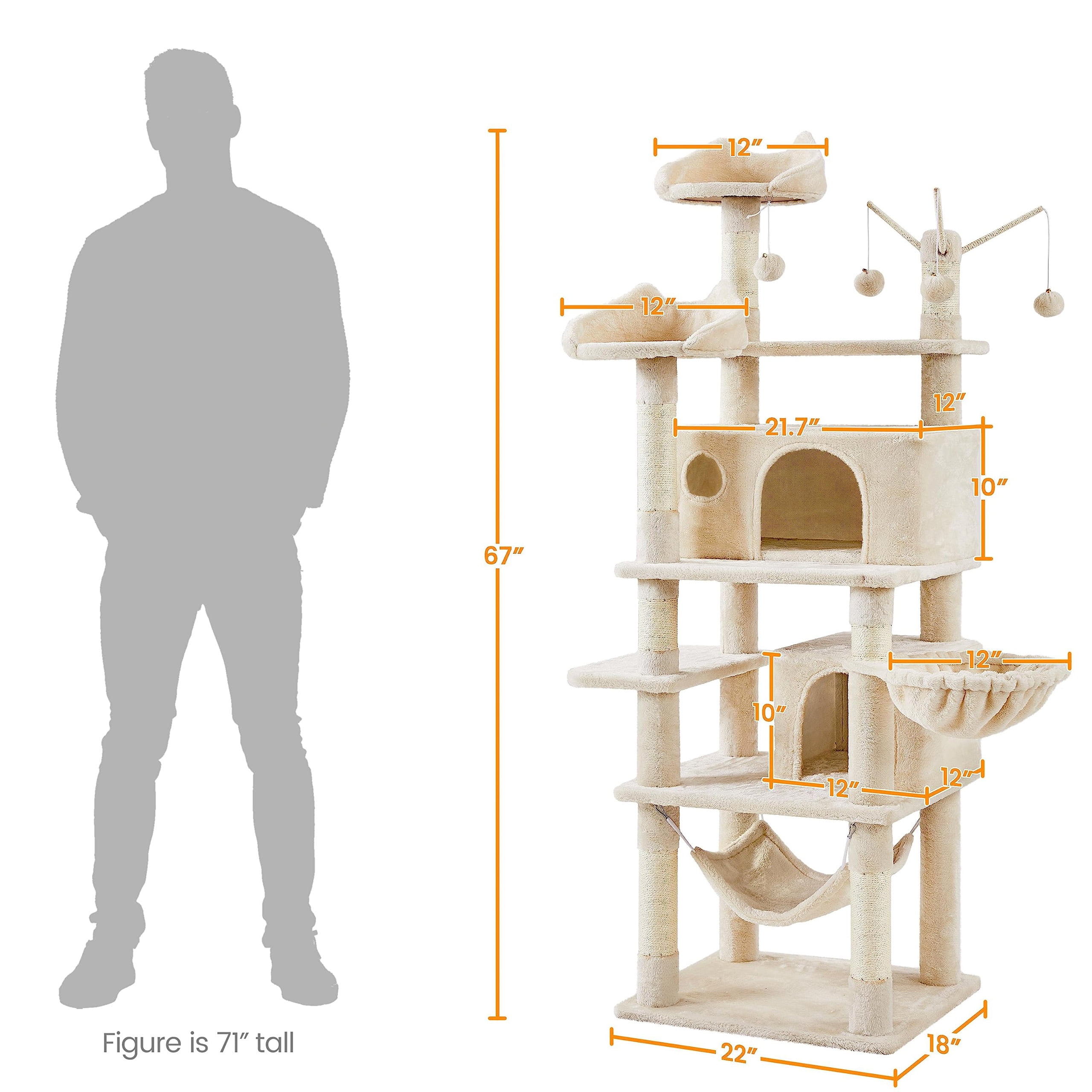 Cat Tree for Indoor Cats, 67 Inch Tall Cat Tower with Scratching Posts, Multi-Level Cat Condo with Removable Fur Ball Toys, Cozy Perch, Soft Hammock, Modern Cat Climbing Furniture, Beige