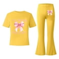 thumbnail image 5 of FINALGANG Girls Outfit Bow Print 2 Piece Casual Set Short Sleeve Crewneck Top Stretch Flared Pants Outfit For Daily Outdoor Street Wear, 5 of 5