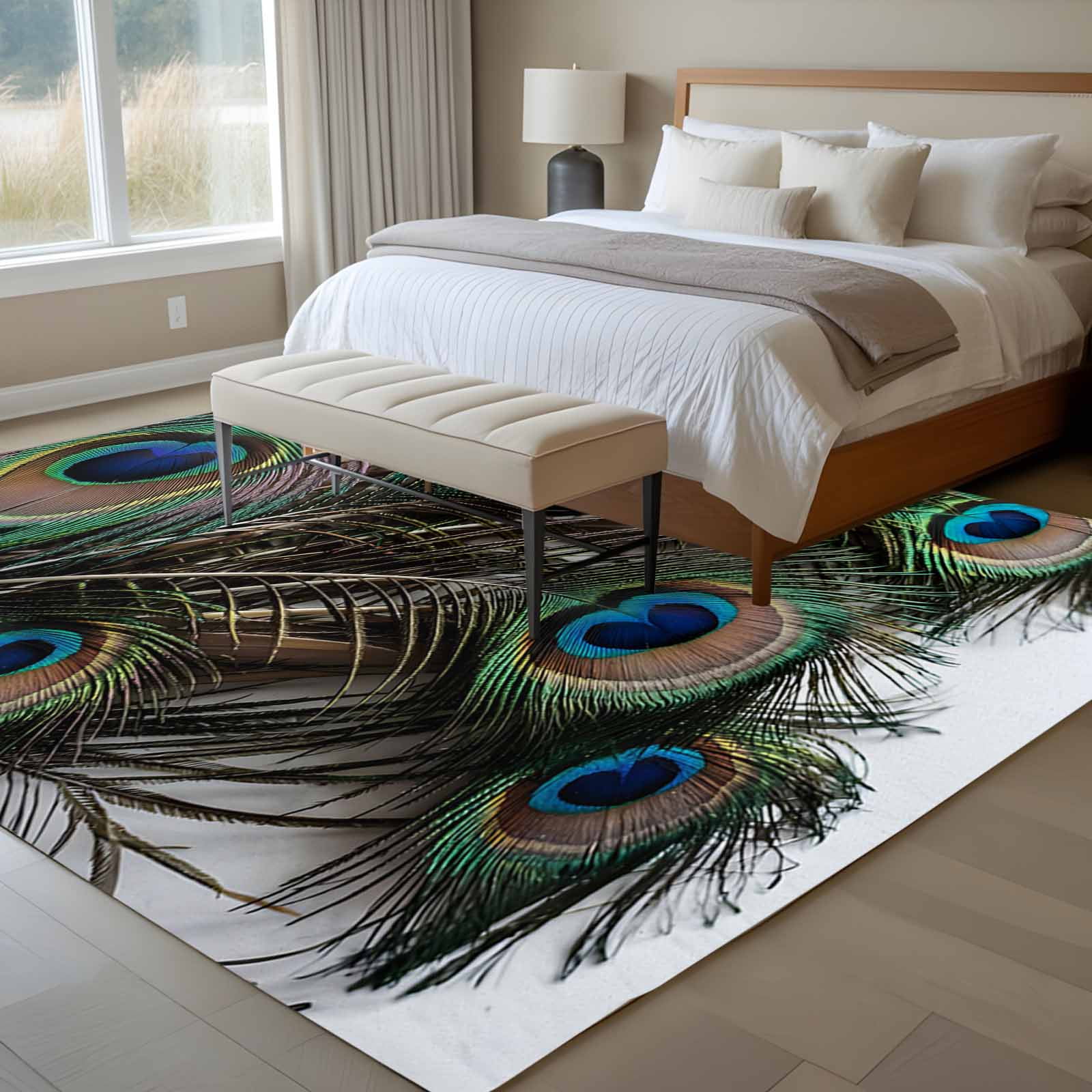 Large Area Rugs for Living Room Bedroom, Peacock Feather 8'x10' Rug Washable Carpet Runner Indoor Outdoor, Teal Blue Bird Feather Modern Art Printed Non Slip Floor Mats Rug for Kitchen, Patio