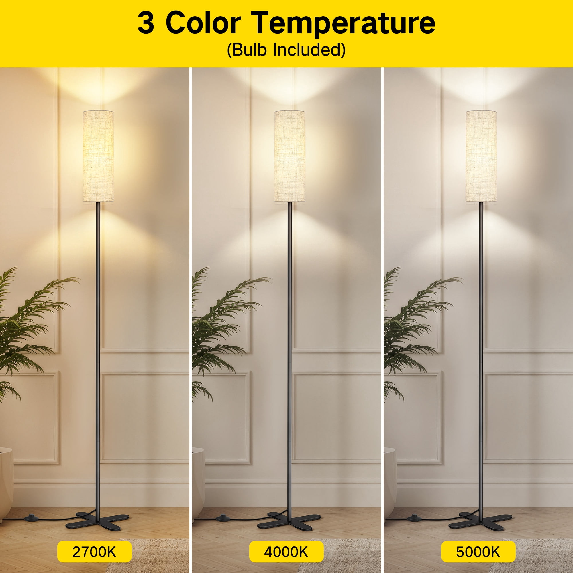 OUTON  Floor Lamps for Living Room Clearance, Dimmable, Minimalist Pole Lighting for Bedroom, Office, Kids Room, Bulb Included,  Black