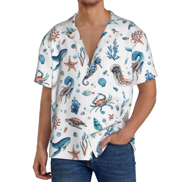 Fotbe Undersea Animals Camisa Estampada de Manga Corta para Hombre, Casual de Verano, Estilo Playero, Sin Arrugas-XX-Large