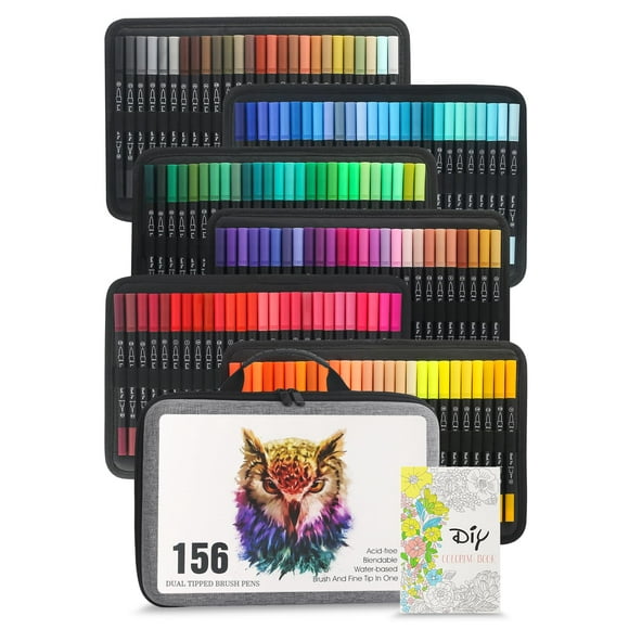LIULIUCAI 156 Colors Dual Tip Markers Brush Pens, Fine & Brush Tip Art Markers for Adult Coloring Book Drawing Calligraphy, Colored Pen Christmas Gif