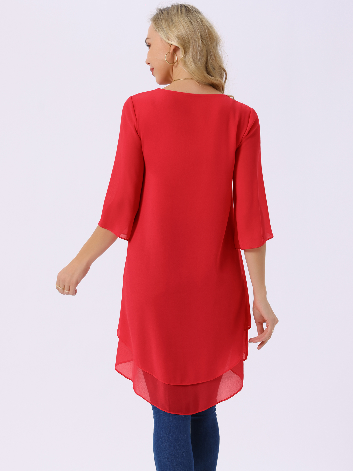 DARING DIVA Women's 3/4 Sleeve High Low Hem Scoop Neck Chiffon Blouses XL Red