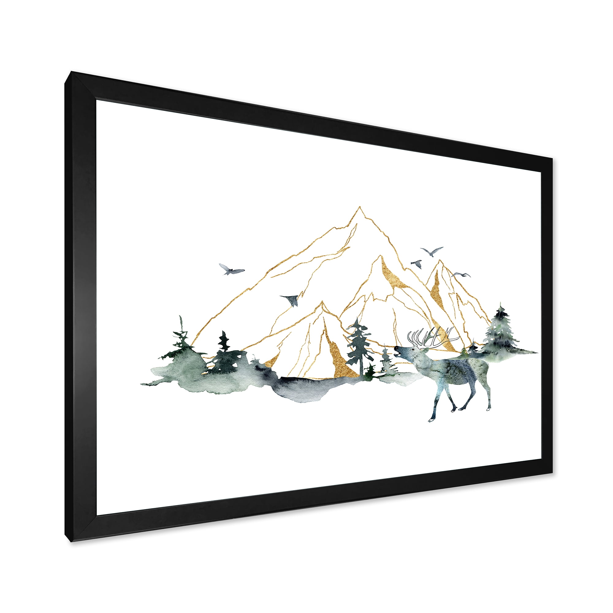 Designart 'Minimalistic Landscape of Forest Deer and Mountains' Modern Framed Art Print