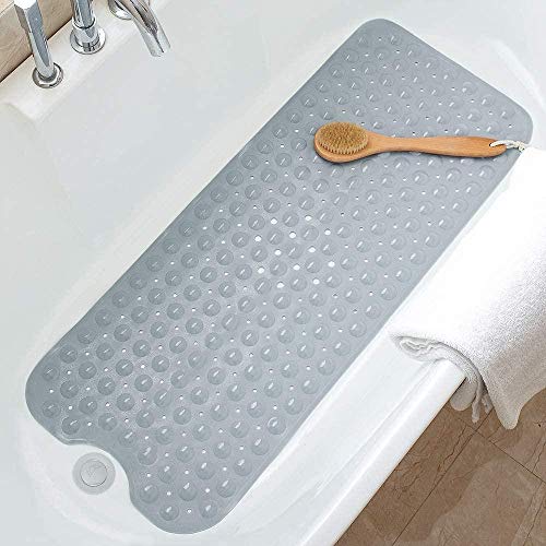 Zhicheng Extra Long Bathtub Mat 16 x 39 inch Shower Mat with Suction Cup and Drain Hole Non-Slip Bath Mat Gray Machine Washable BPA Bath Mat 