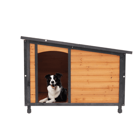 46 Dog House Outdoor & Indoor Wooden Dog Kennel for Winter with Raised Feet Weatherproof for Large Dogs(Gold red and black)PVC waterproof roof(L)