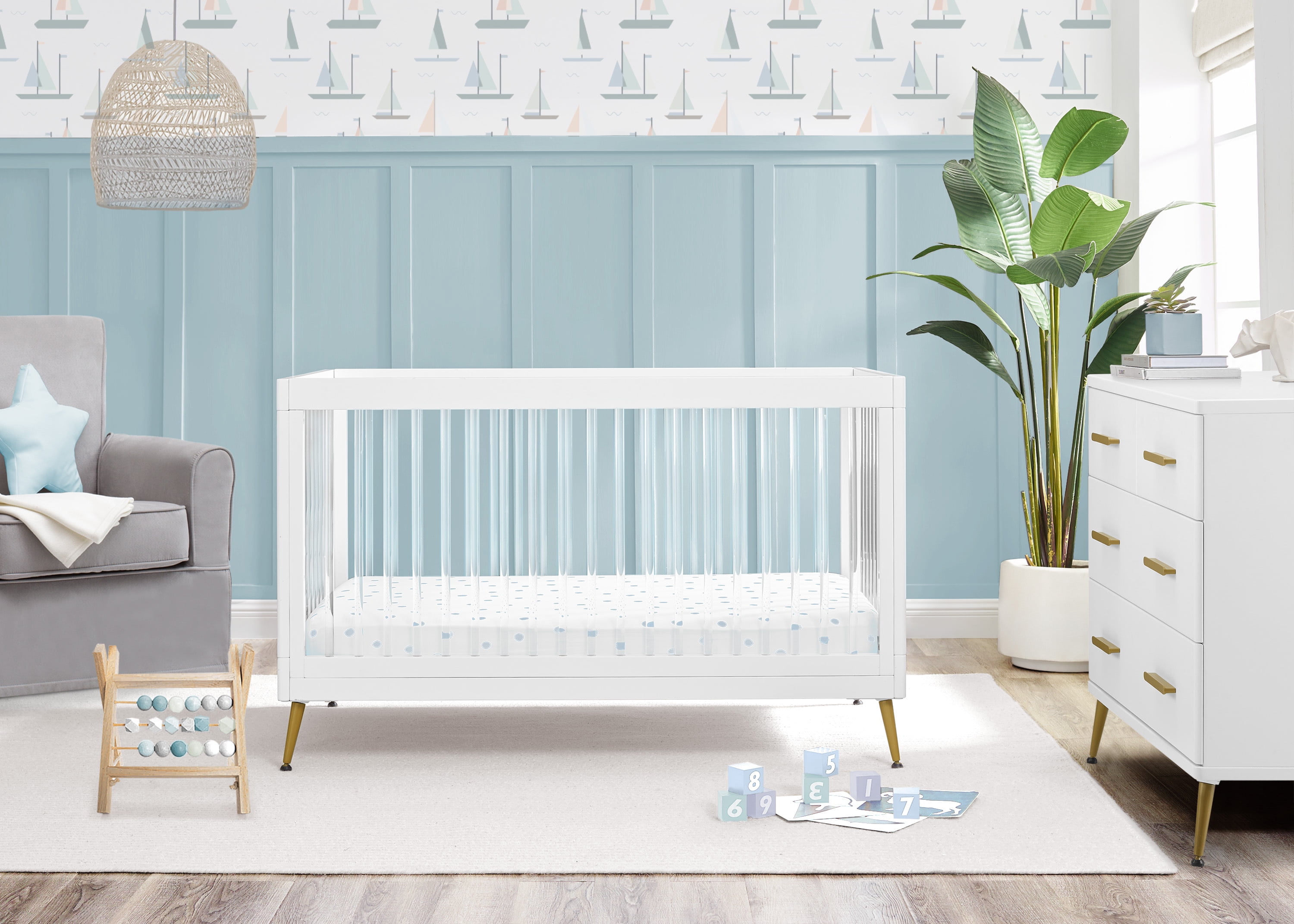 Delta Children Sloane 4-in-1 Acrylic Convertible Crib - Includes Conversion Rails, Bianca White w/Melted Bronze