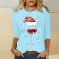 thumbnail image 2 of DeHolifer Women T-Shirts Red Wine Glass 3/4 Sleeve Christmas Pullover Xmas Santa Hat Graphic Blouse T-Shirts Tops Light Blue L, 2 of 4