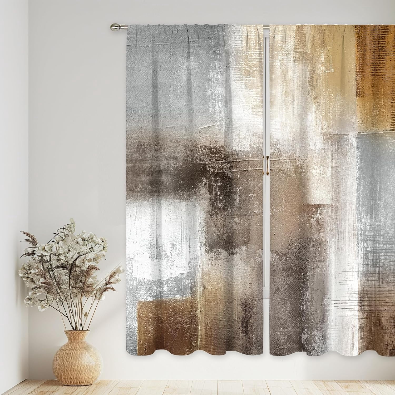 Grey Brown Curtains 52Wx84H Inch Rod Pocket Abstract Vintage Rust Tan Beige Modern Oil Painting Contemporary Bedroom Window Drapes Neutral Earth Tone Printed Living Room Window Treatment