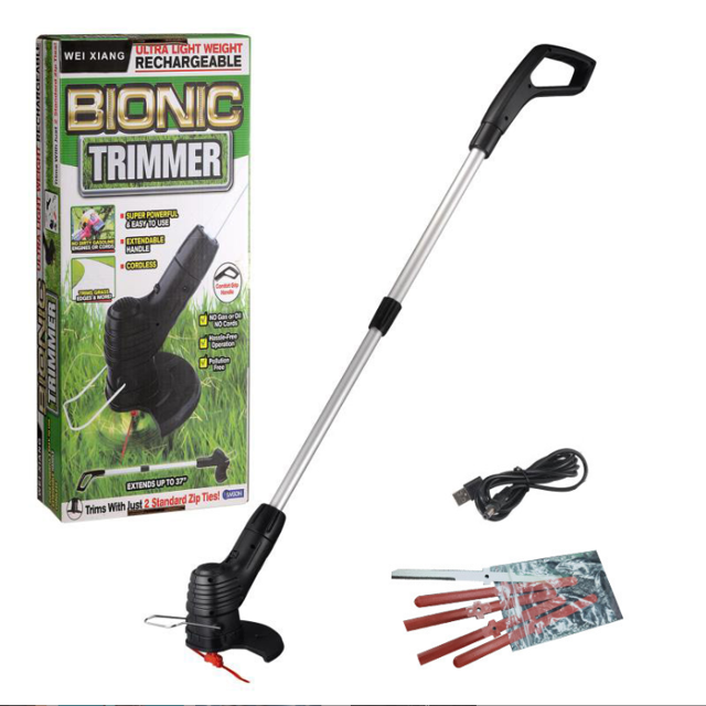 pix-link cortacésped eléctrico inalámbrico, vista 3/4 con poste telescópico extendido; cuerpo negro de ABS y tubo de aleación de aluminio plateado, mango en D y unidad motriz con protector de corte. Incluye cable USB de carga, juego de cuchillas y empaque. Tubo extendido 1.05 m, compacto 75 cm; batería 2000 mAh (3–4 horas de uso). Apto también para recortar bordes en espacios pequeños.