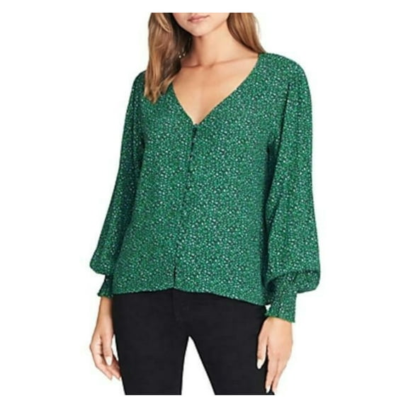 SANCTUARY Womens Green Buttoned Animal Print Long Sleeve V Neck Top Size: M