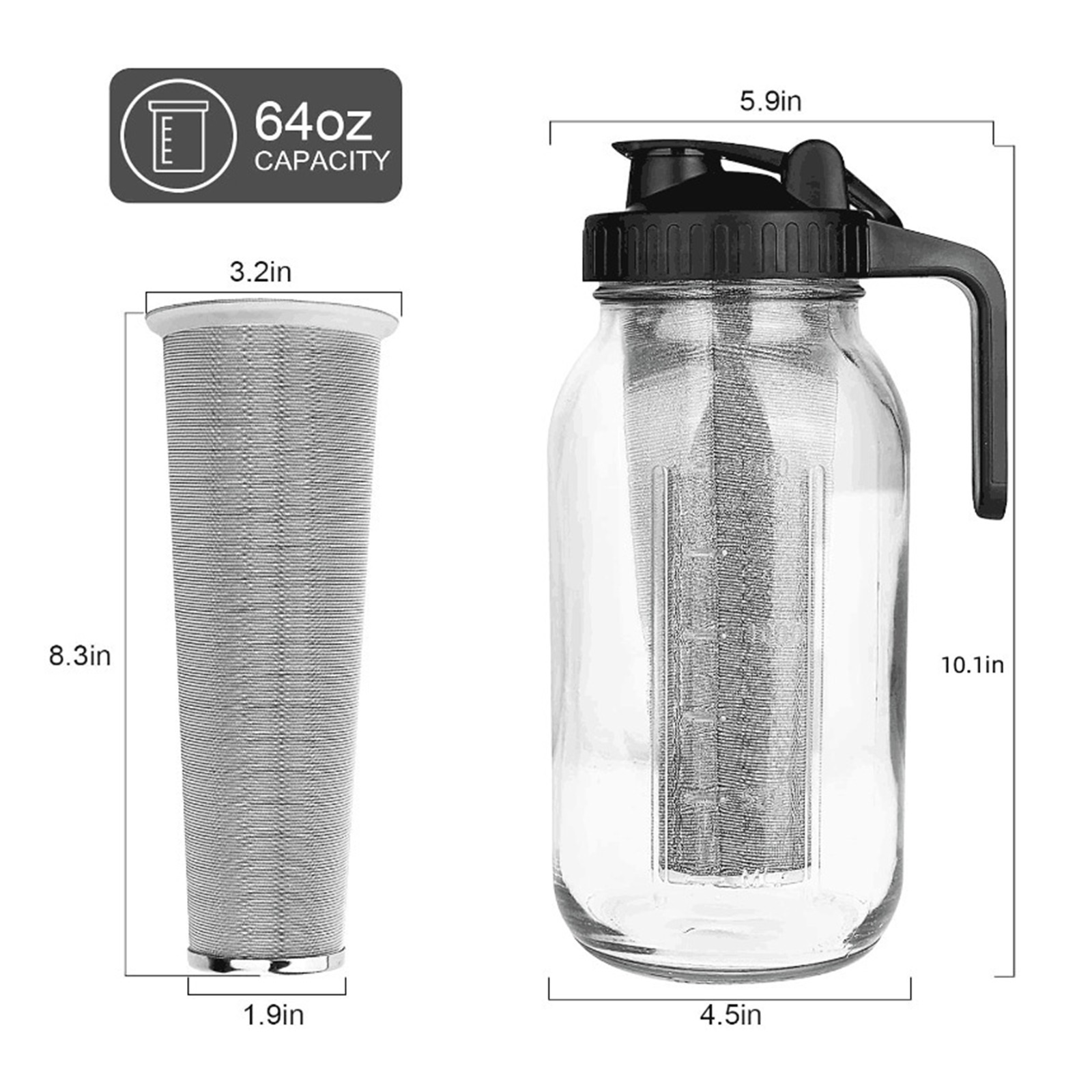 Cold Brew Coffee Maker Pitcher 64 OZ - Glass Mason Jar with Stainless Steel Infuser Filter for Iced Coffee, Ice Tea, Brewed Making