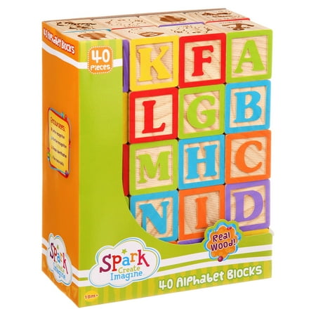 Spark Create Imagine ABC Wooden Blocks, 40 Pieces, Baby and Toddler Toys for Ages 18 months and older