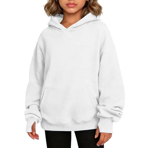 BLVB Hoodies for Girls Long Sleeve Cute Pullover Lightweight Comfy Oversized Hooded Sweatshirt with Thumb Hole(White,13-14 Years)