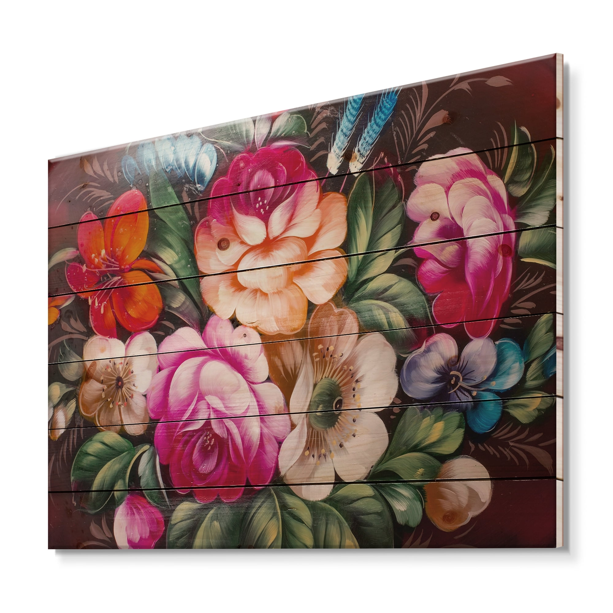 Designart 'Vintage VIbrant Yellow and Red Flower Still Life III' Traditional Print on Natural Pine Wood