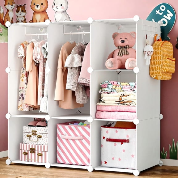 Portable Baby Wardrobe Closet Lightweight Kids Storage Organizer (White) | DIY,Modular Cube,With Hooks,35.4x15.7x35.4 Inches