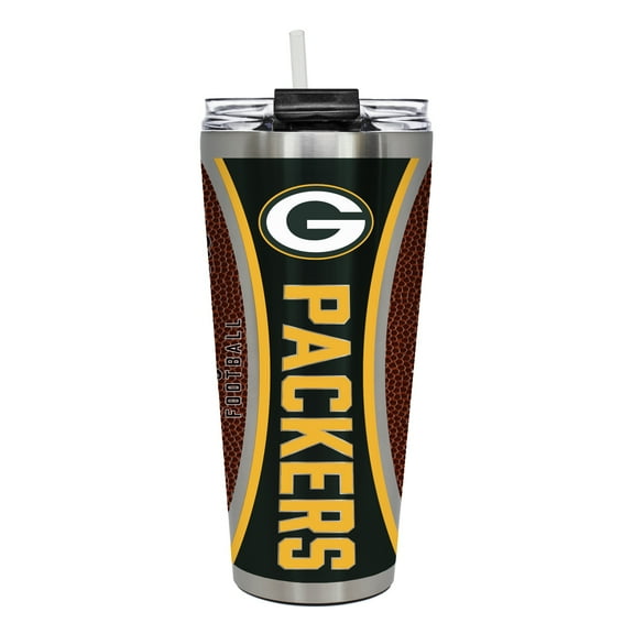Green Bay Packers 32 ounce vacuum insulated stainless steel tumbler with Gameball graphic