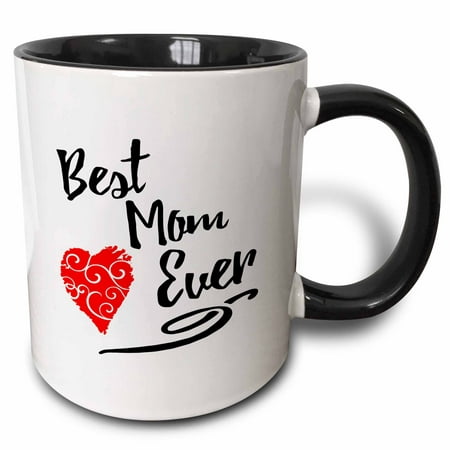 3dRose Best Mom Ever design with Red Swirly heart - Two Tone Black Mug,