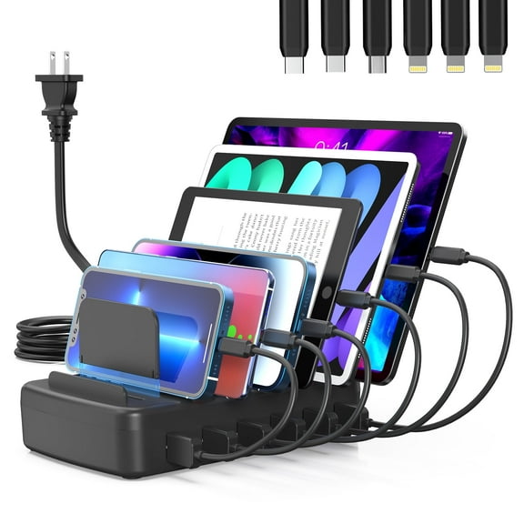Fast Charging Station for Multiple Devices, 50W 6-Port USB Charging Station with 14 Slots, 7-Detachable Dividers and 1 Fixed Low Baffle, Multi-Function Charging Station (Black)