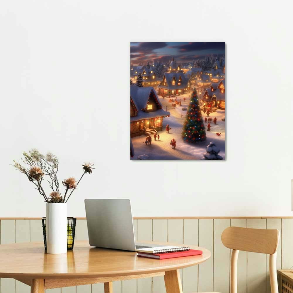 COMIO Merry Christmas Canvas Wall Art Christmas Village Christmas Art Print Merry Christmas Print Christmas Village Poster Christmas Tree Canvas Pictures Vintage Christmas Paintings Room