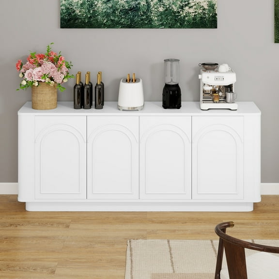 Uforic 70" TV Stand for TVs Up to 80", Entertainment Center with Cabinets & Arched Patterns for Living Room, White