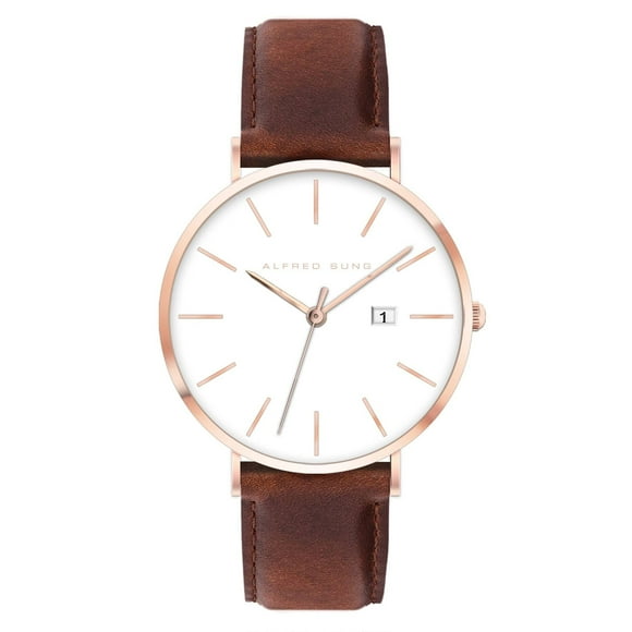 Alfred Sung Metropolitan Date White Dial Rosegold Case Brown Leather Strap watch