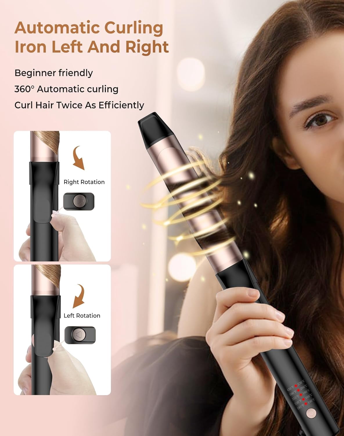 Scheri Rotating Curling Iron, Hair Curler Automatic Rotating, 30s Rapid Heating Automatic Curling Iron, Dual Voltage 110-240V, Time Saving Self Curling Hair Curler for Short Long Hair