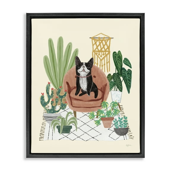 Stupell Industries Dog on Sofa with Plants Animals & Insects Painting Black Floater Framed Canvas Art Print Wall Art, 17 x 21
