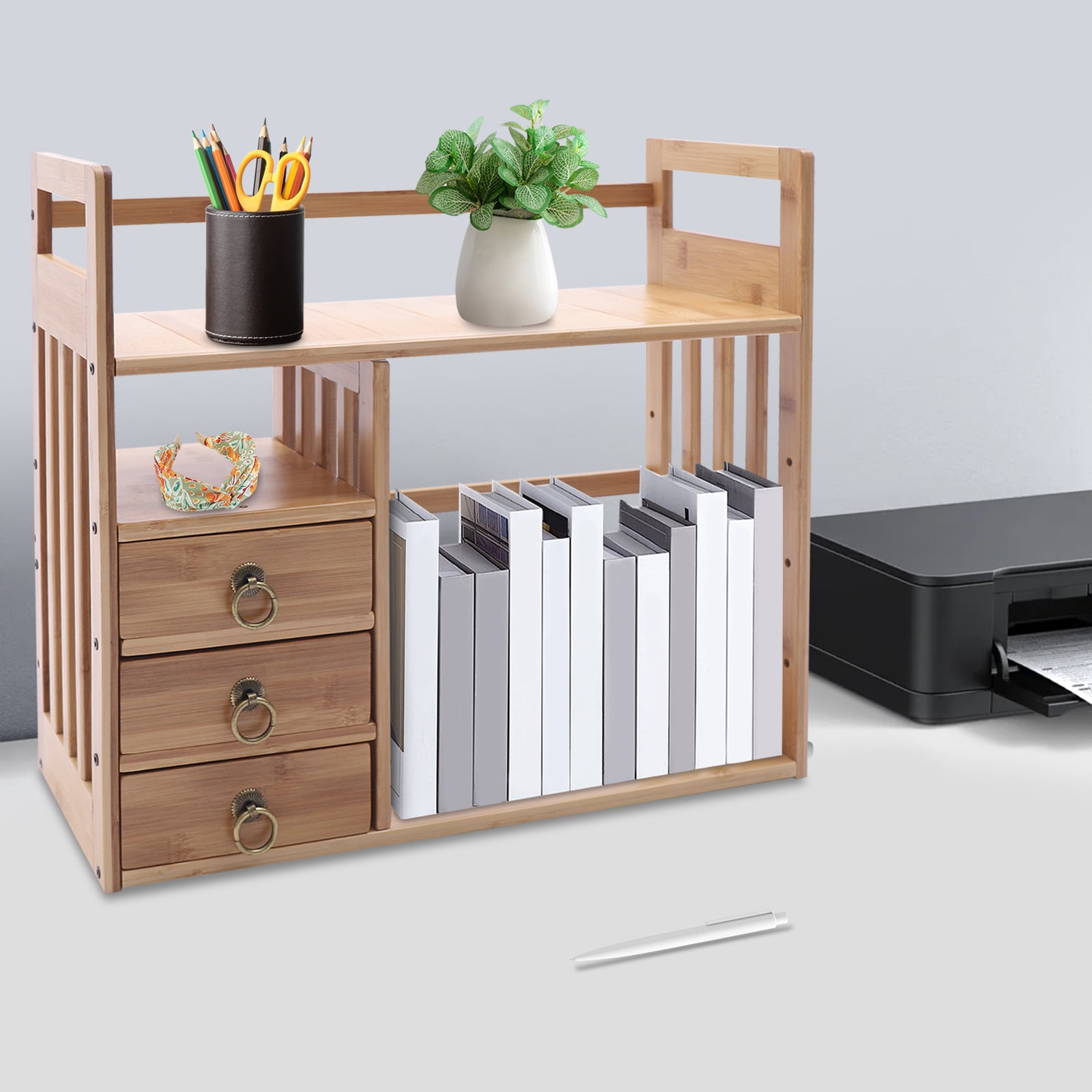 3-Tier Bamboo Desktop Storage Shelf Desk Storage Hutch 3 Drawers Desktop Display Rack Office Storage Rack for Home Office Dorm