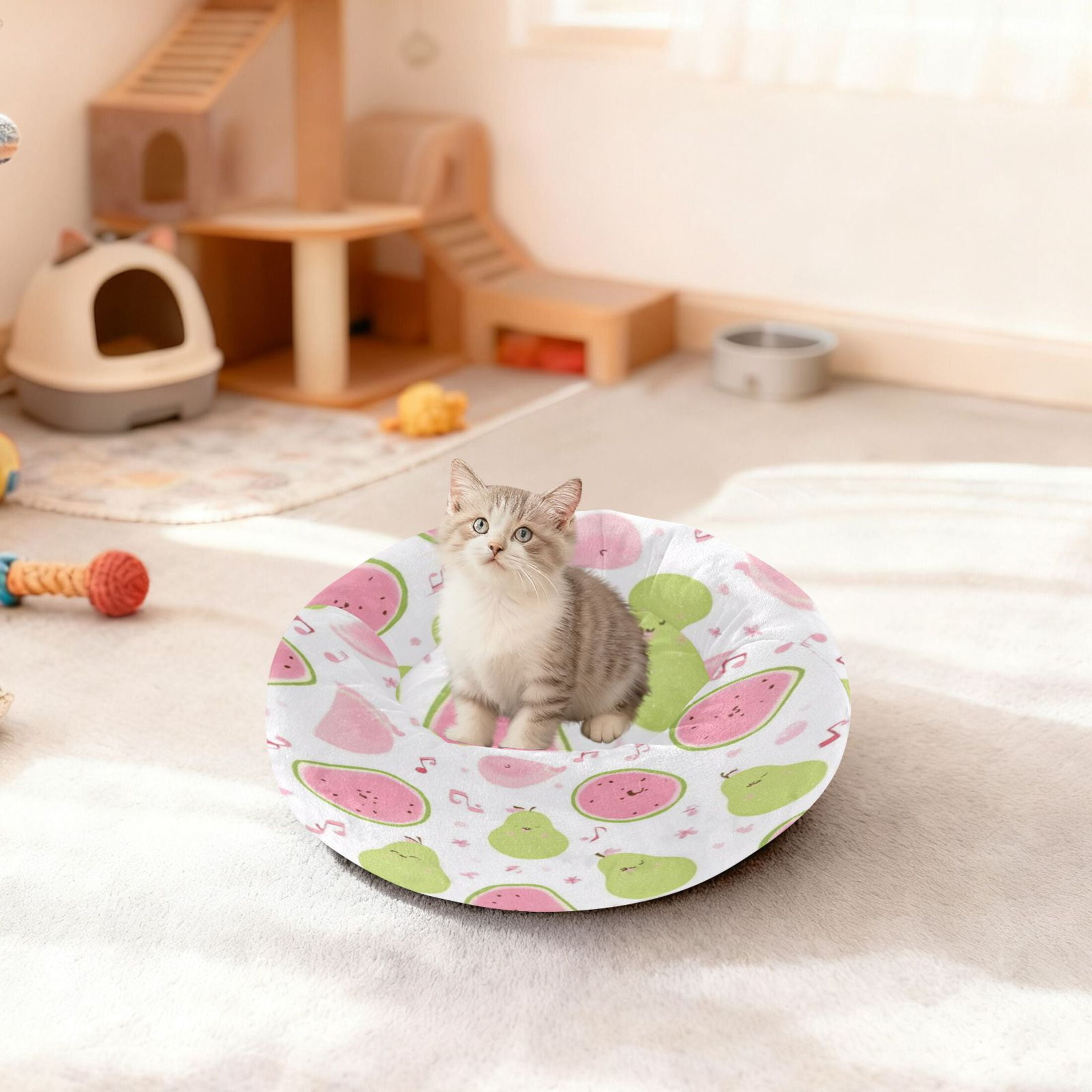 Iauyy Pet Couch Donut Cat Bed for Indoor Cats/Small Dogs Washable & Machine with Non-slip Bottom Calming Cat Furniture, Green Pear Pattern (M)