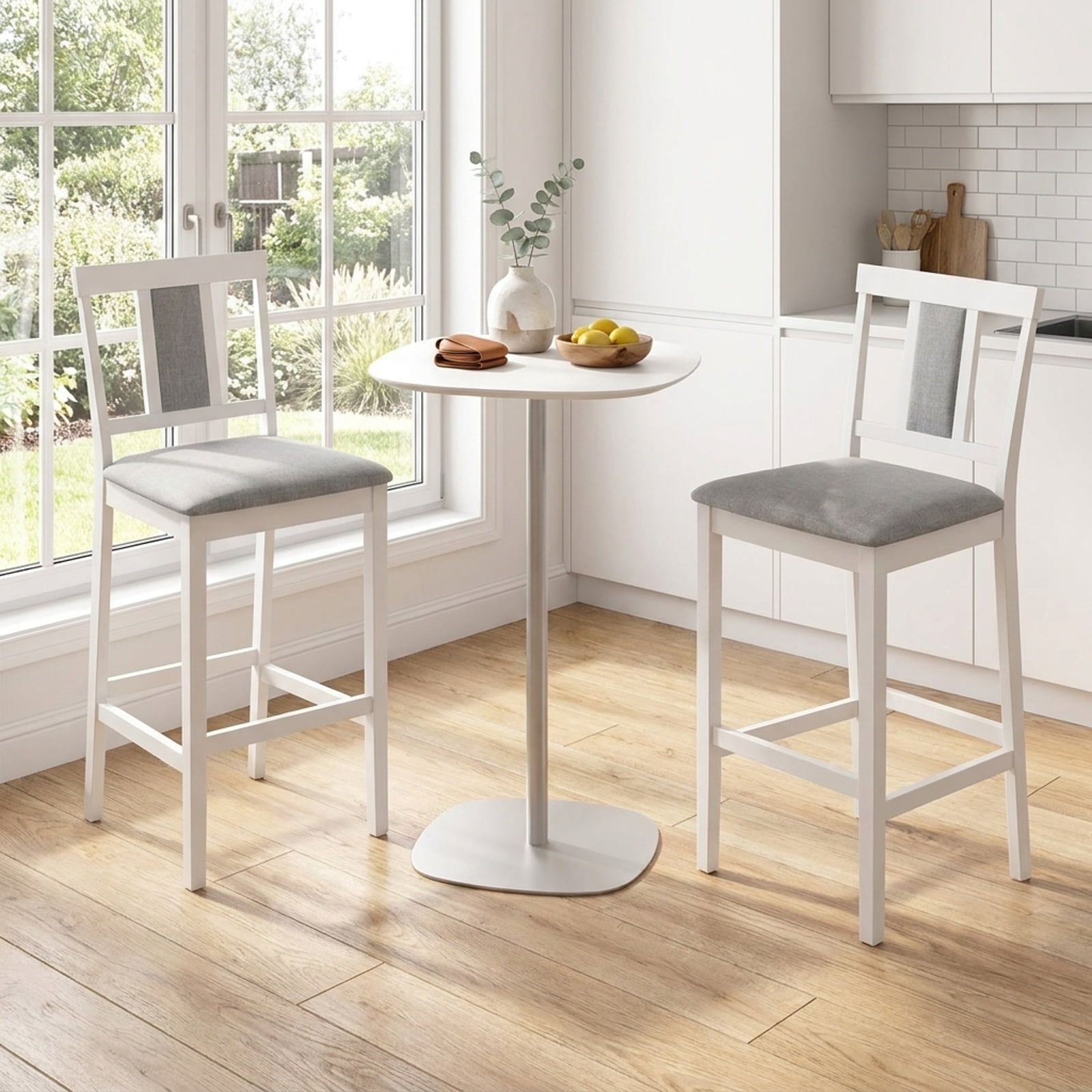 Furnibear Set of 2 Upholstered Barstool 29.5 Inch Bar Height with Solid Rubber Wood Frame for Kitchen Island Counter Bar Pub Dining Home, White