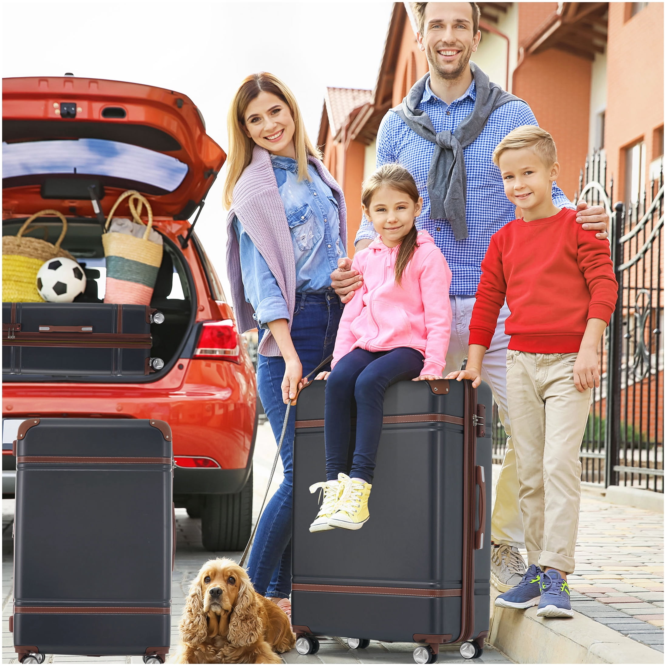 3-Piece Black Hardside Spinner Luggage Set with TSA Lock, 20" Carry-On & 28" Checked Suitcase & Toiletry Bag