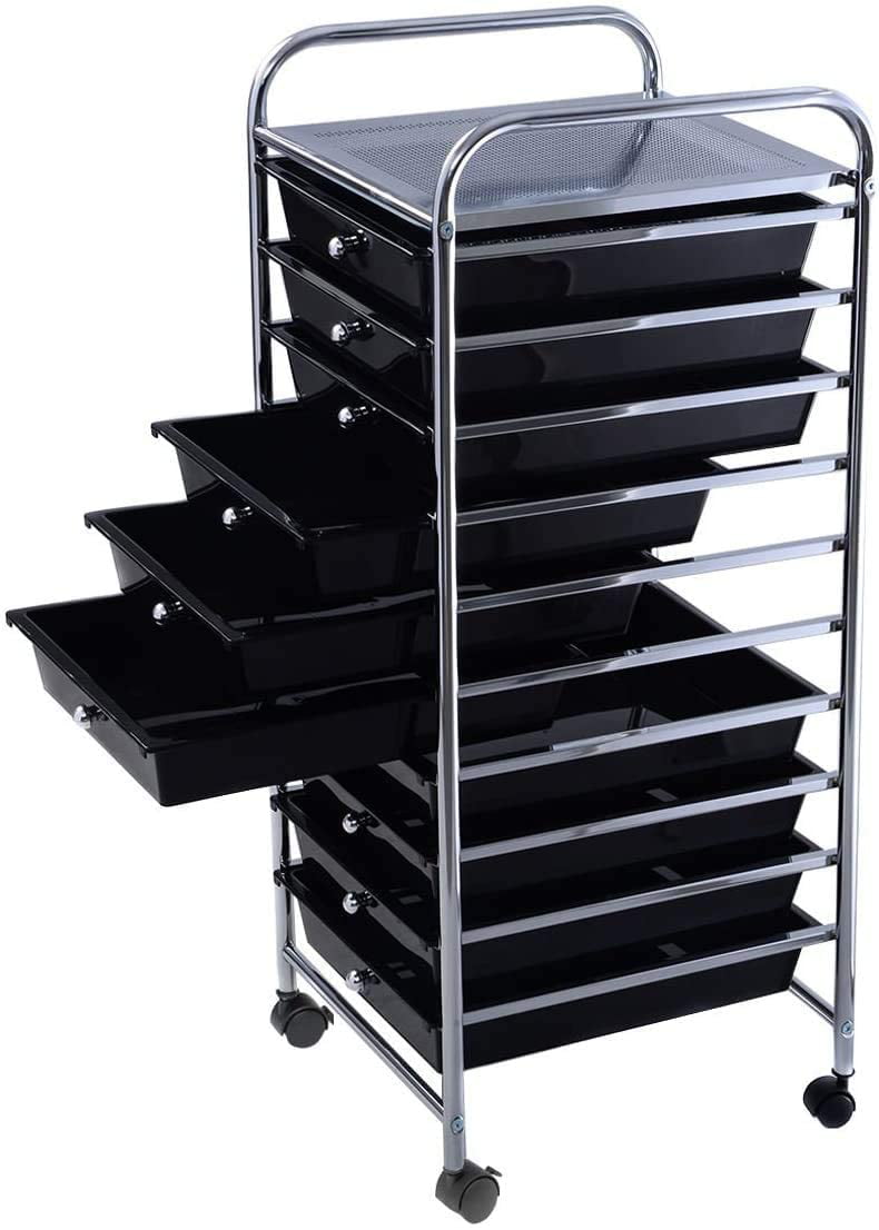 School Multifunctional Storage Organizer for Kitchen Workshop Nightcore 10 Drawers Rolling Storage Cart Office Metal Storage Trolley Service Cart with 360° Rotating Wheels and Black PP Drawers 