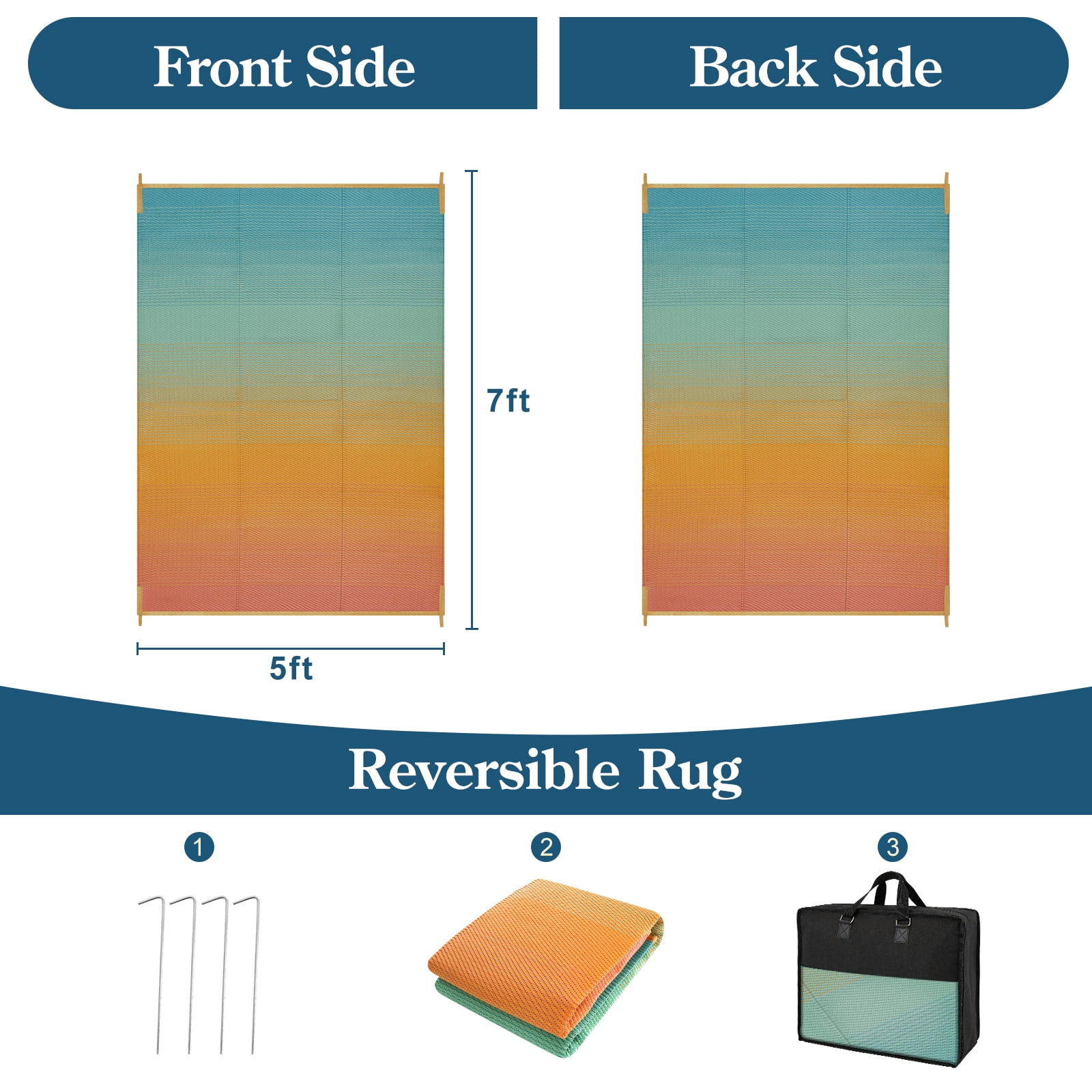 SUNDEREY Outdoor Rug 5'x8', Waterproof Reversible Plastic Straw Mat for Patio, RV & Camping - Non-Slip UV Resistant Carpet for Beach, Poolside & Deck, Orange & Blue