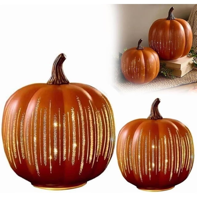 Starry Night Glass Pumpkins, Twinkle LED Light Pumpkins, Halloween Pumpkin Night Light, Set of 2 with Built-In Timer, One-Button Control, Perfect for Bedroom, Hallway & Home