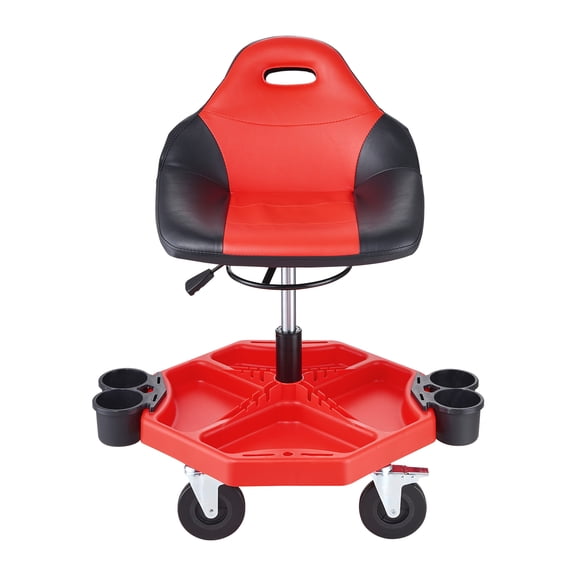 KFFKFF Mobile Workshop Stool, Supports up to 300LBS, Height Alterable from 16"-21", Technician's Chair with Rotating Wheels and Equipment Holder, Ideal for Garage, Vehicle Maintenance Shop, in Red