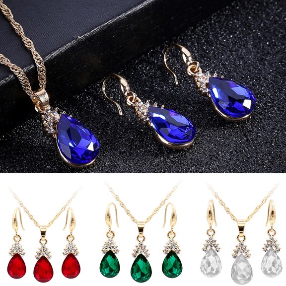 Besufy Women Jewelry Set Vintage Teardrop Rhinestone Necklace Hook Earrings Pendants