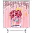 thumbnail image 2 of 4PCS Gold Glitter Hello Gorgeous Shower Curtain Set, Hibiscus Pink Floral Makeup Cosmetic Black and White Striped Modern Fashion Girls Women Bathroom Decor, Non-slip Bath Mat, Perfume, 2 of 7